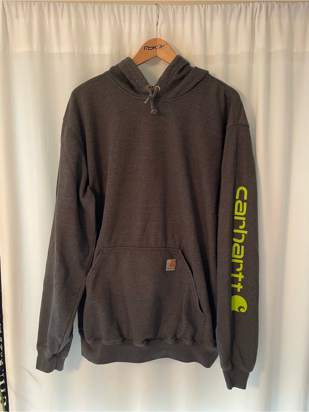 Carhartt charcoal gray hoodie sweatshirt green neon spellout men’s XL tall hood